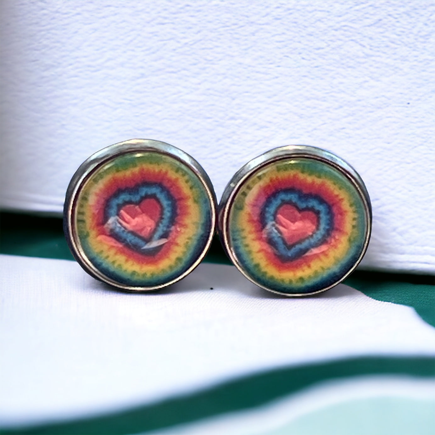 Rainbow Heart Stud Earrings – Colorful Tie-Dye Silver Jewelry