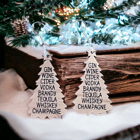 Funny Boozy Christmas Earrings, Christmas Tree Dangle Earring, Cute Fun Holiday Earring, Wood Tree Earring, Country Xmas Booze Wine Jewelry