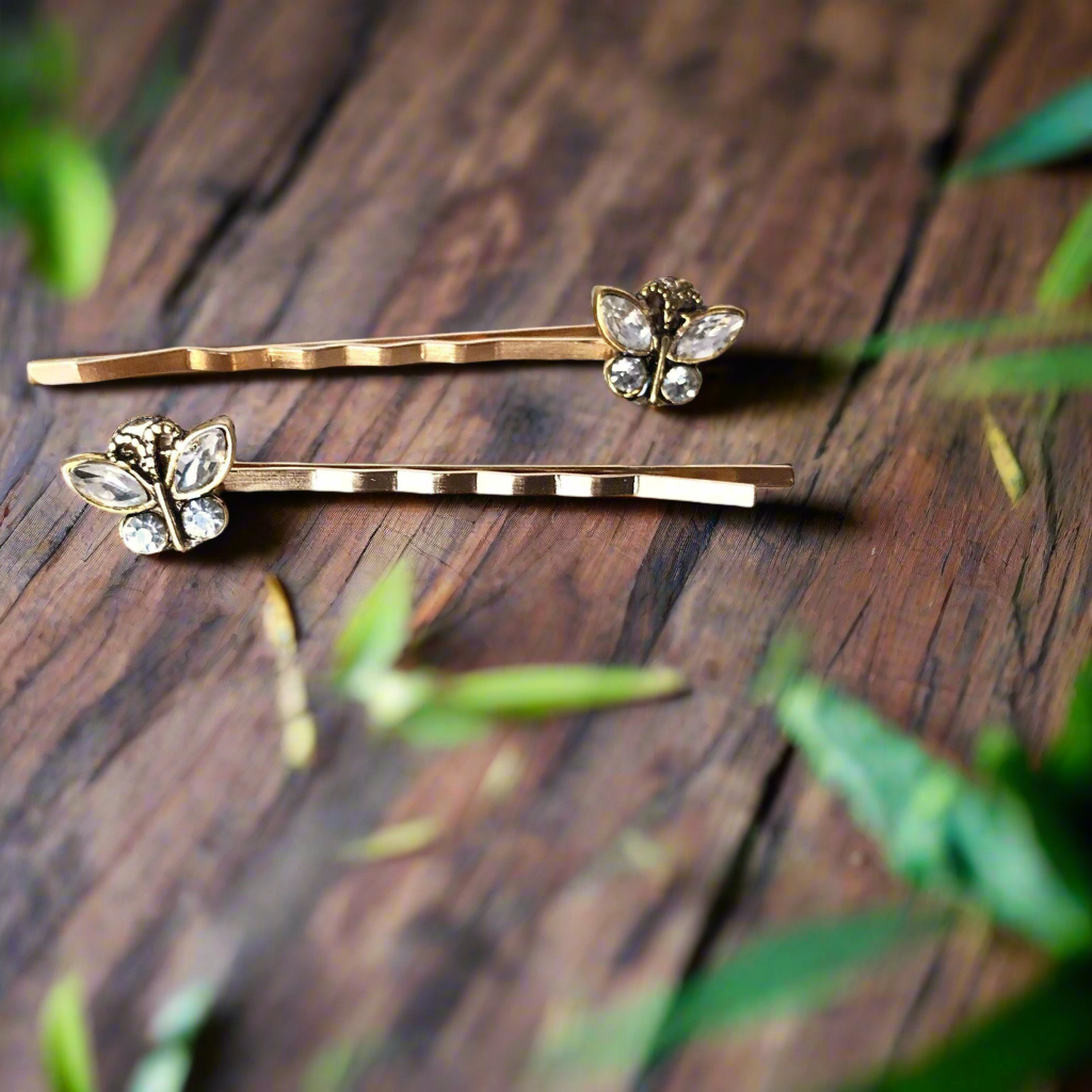 Gold Butterfly Hair Pin Set of 2 with Rhinestone Boho Accents