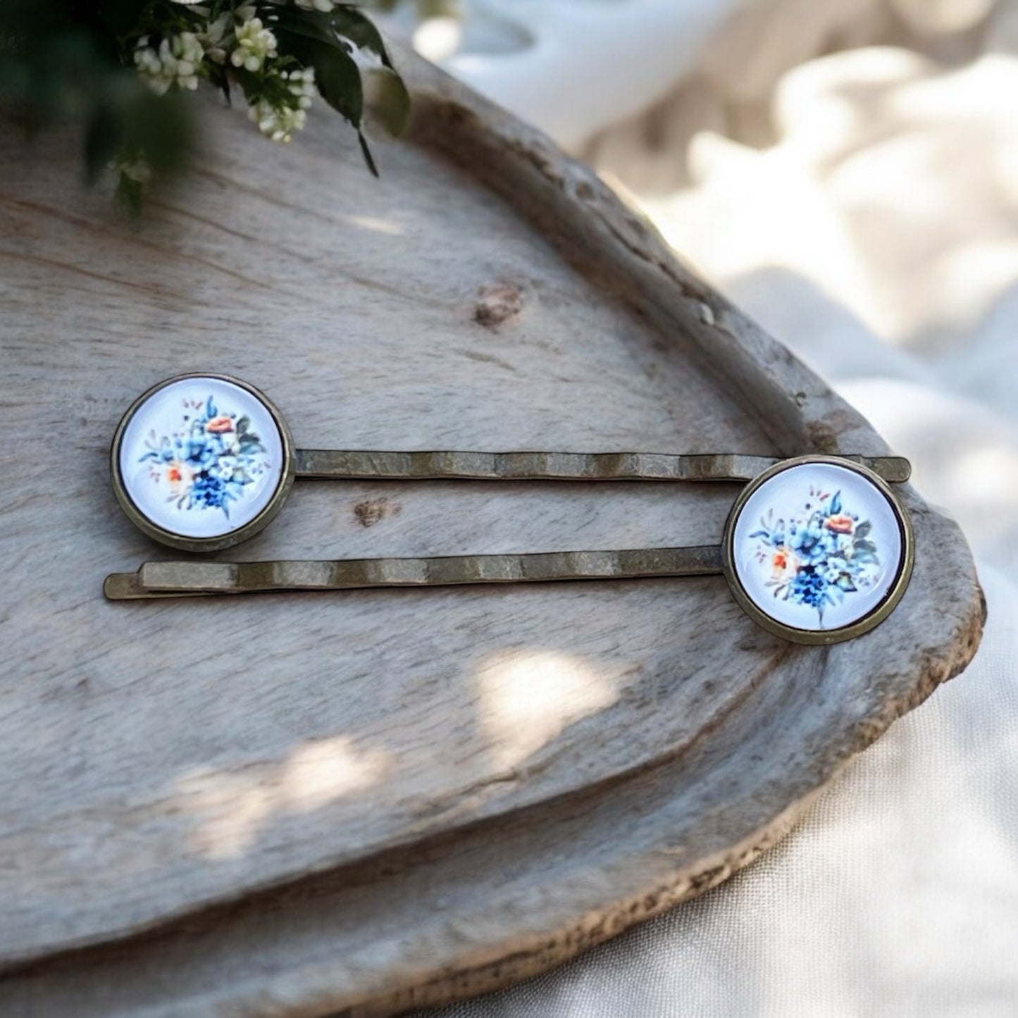 Blue Floral Hair Pins – Set of 2 Vintage Cottagecore Accessories