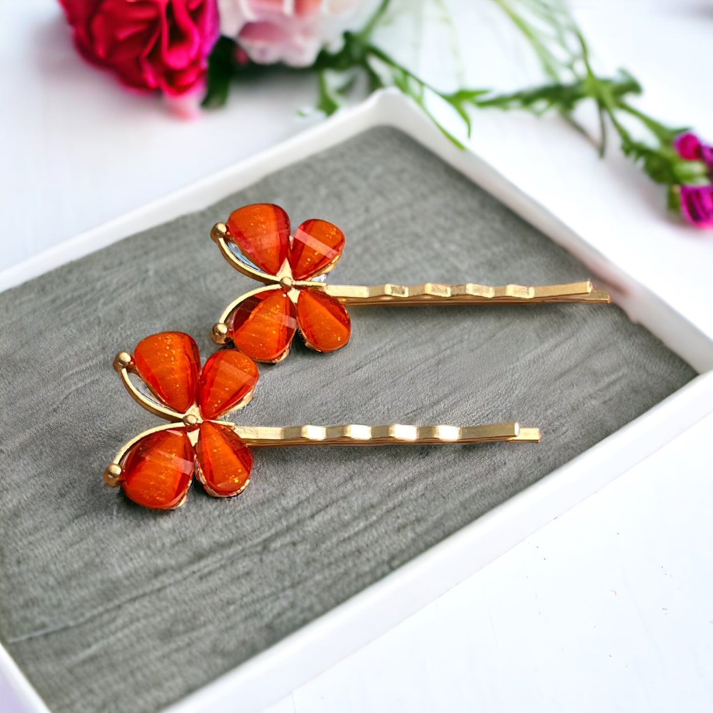 Orange Rhinestone Butterfly Hair Pins - Elegant & Vibrant Hair Accessories