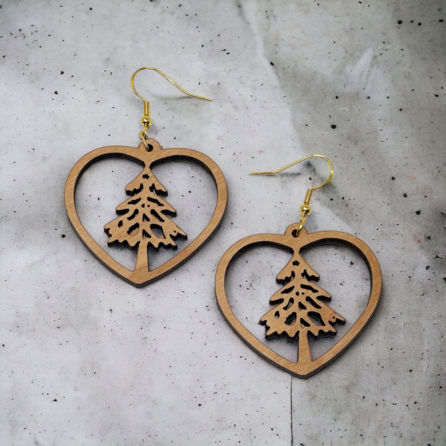 Heart Tree Cutout Earrings – Wooden Christmas Forest Dangles with Gold Hooks