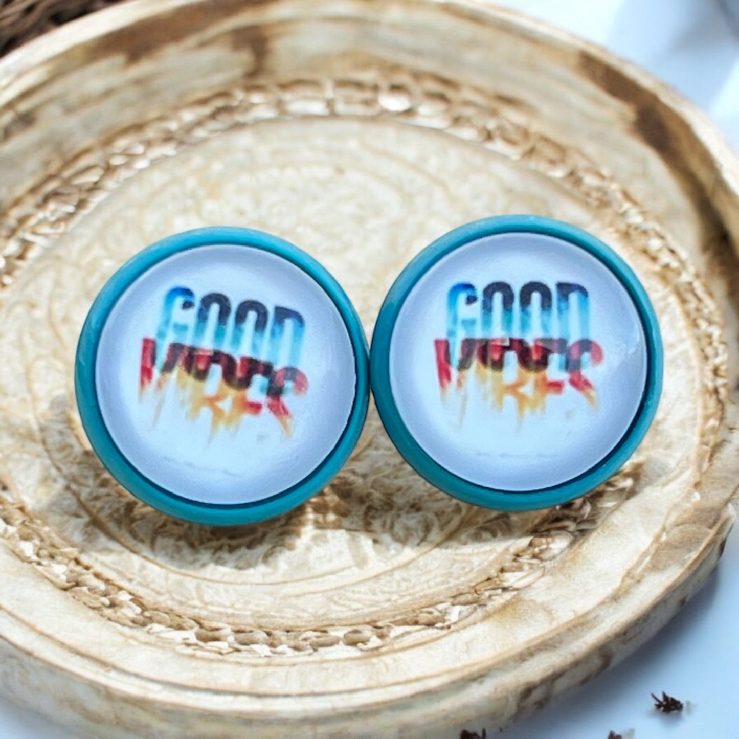 Good Vibes Stud Earrings – Retro Blue Framed Motivational Jewelry