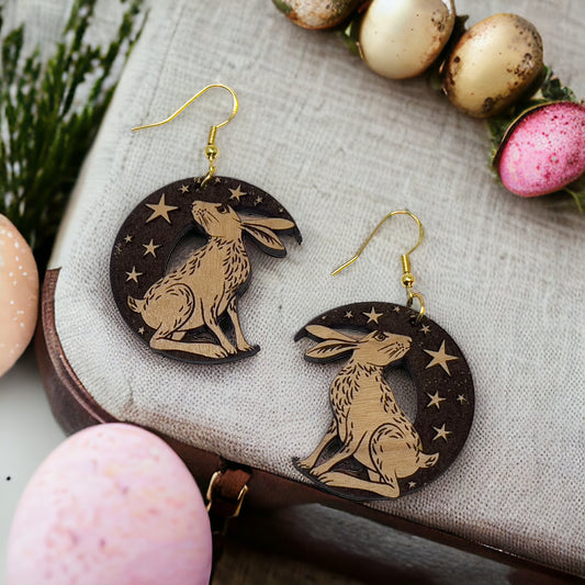 Easter Bunny Wood Crescent Moon Star Earrings, Personalized Handcrafted Dangle Earrings, Customizable Cute Gifts for Rabbit Lover Girlfriend