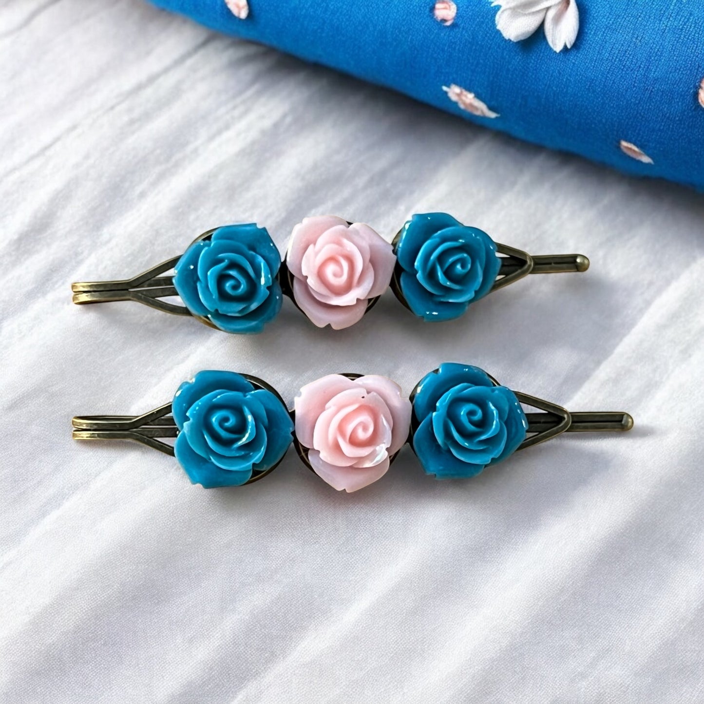 Teal & Light Pink Rose Hair Pins