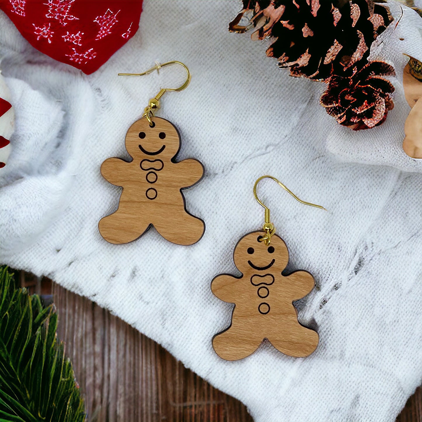 Gingerbread Man Wood Earrings – Cute Holiday Christmas Cookie Jewelry