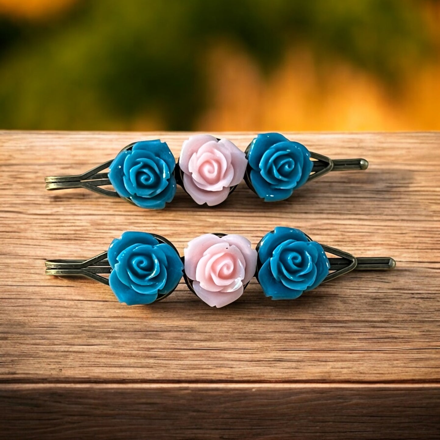 Teal & Light Pink Rose Hair Pins
