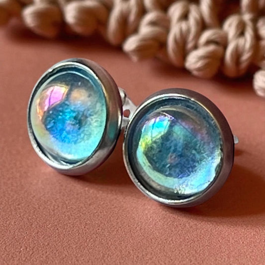Iridescent Stud Earrings – Small Handmade Rainbow Dome Posts for Women