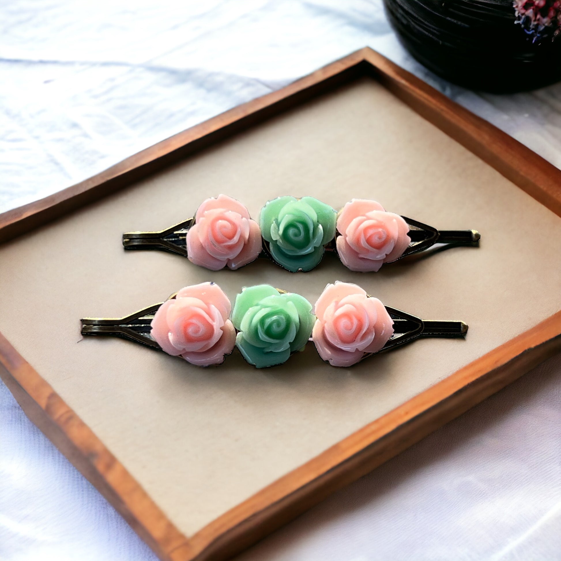 Pink & Mint Green Rose Floral Hair Pins: Delicate Springtime Accents