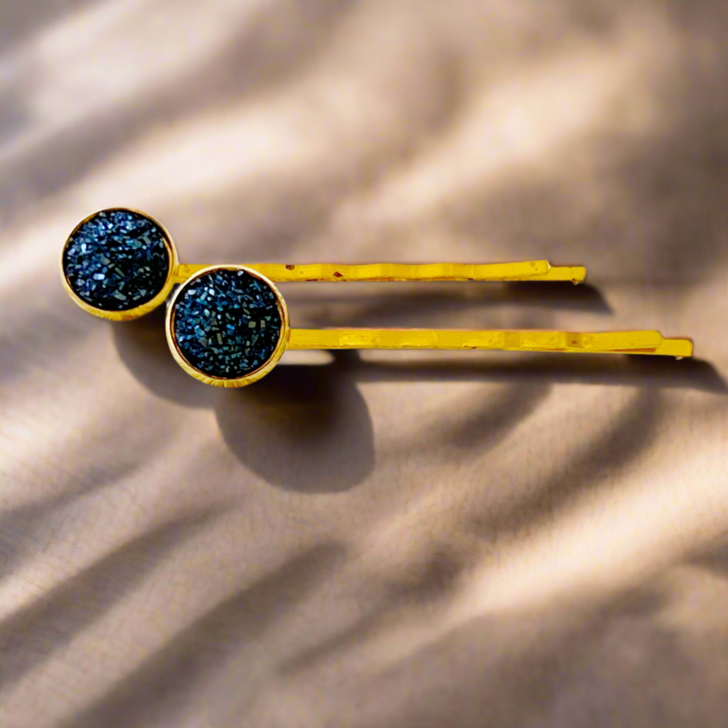 Alfileres de pelo de oro Druzy azul cobalto