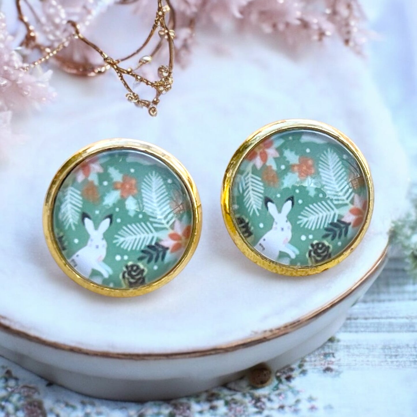 Bunny & Floral Stud Earrings – Handmade Spring Jewelry in Gold Setting