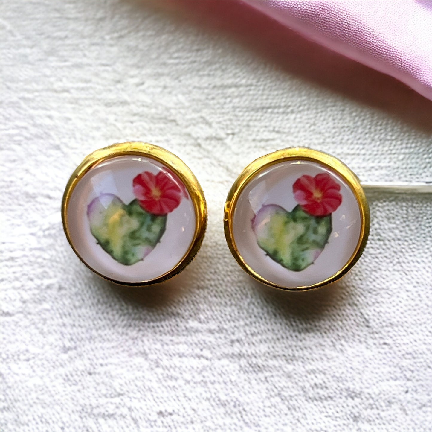 Flowering Cactus Heart Valentine Succulent Gold Stud Earrings