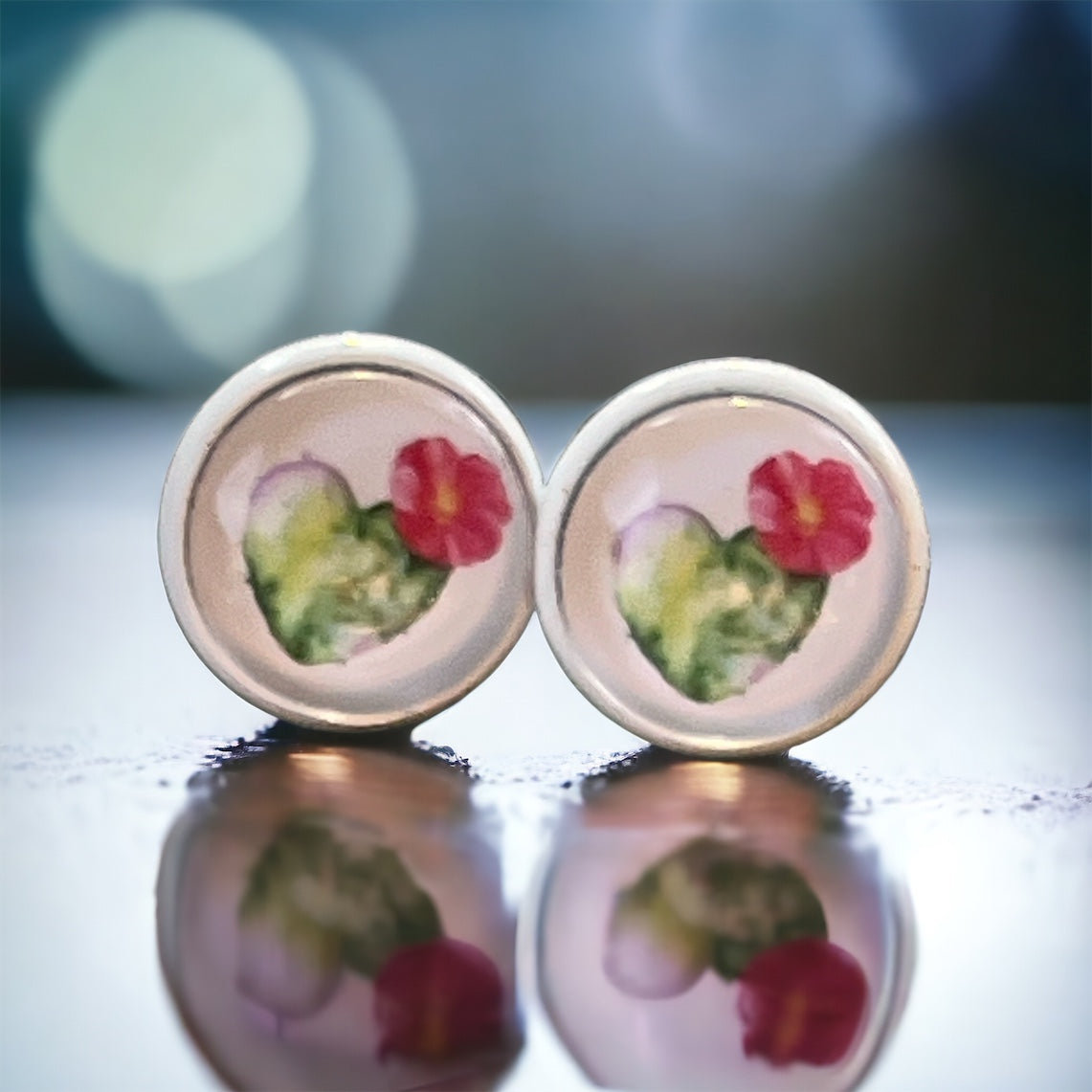 Flowering Cactus Heart Valentine Succulent White Stud Earrings