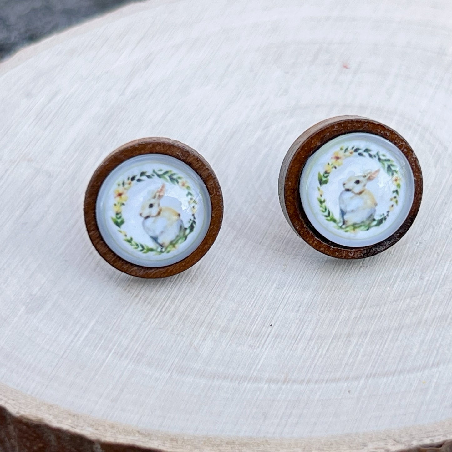 Bunny Stud Earrings – Handmade Spring Jewelry in Wooden Setting