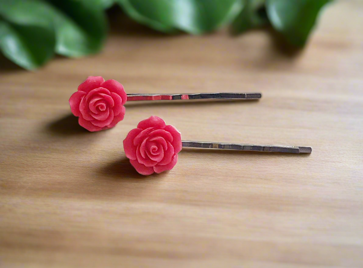 Red Flower Hair Pins - Floral Bobby Pins Set of 2