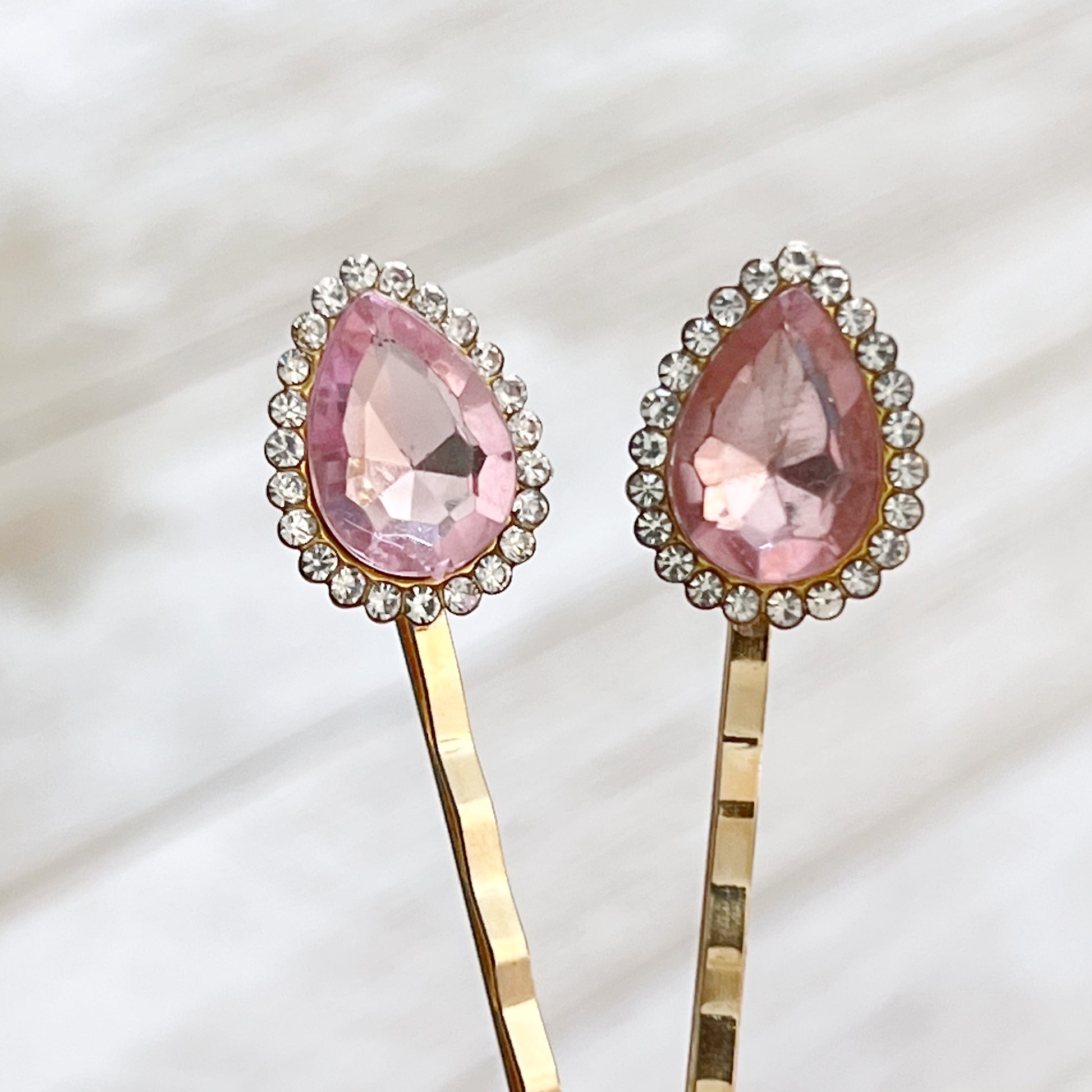 Pink Teardrop Gem Hair Pins – Gold Bobby Pins with Rhinestone Accents