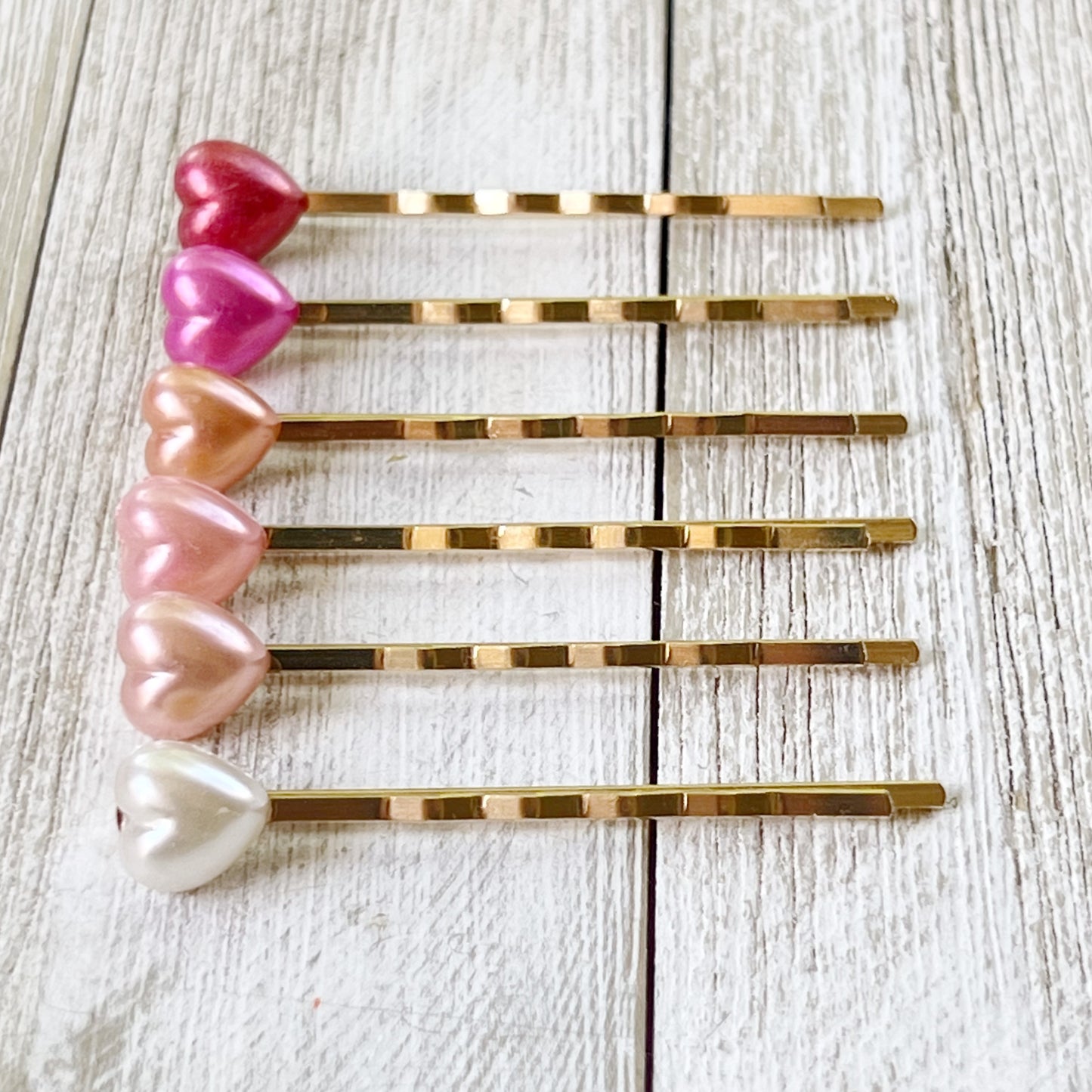 Pearlescent Heart Hair Pins – Gold Bobby Pin Set with Glossy Pastel Accents