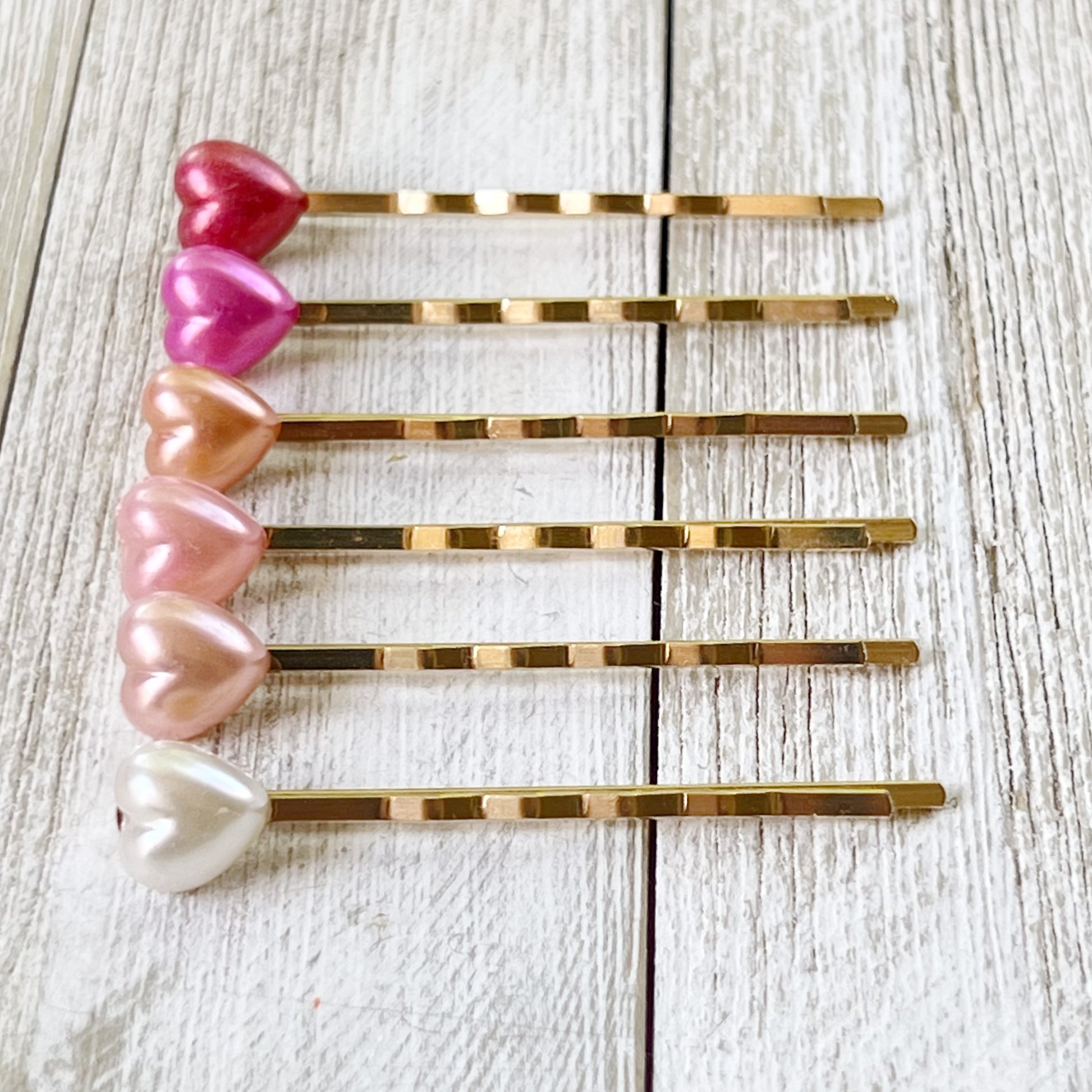 Pearlescent Heart Hair Pins – Gold Bobby Pin Set with Glossy Pastel Accents