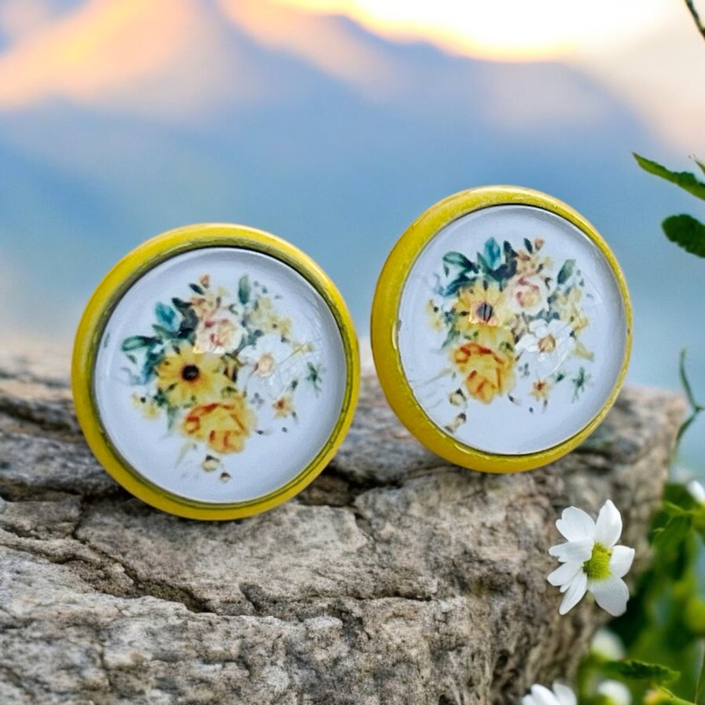 Yellow & White Floral Stud Earrings – Handmade Cottagecore Jewelry