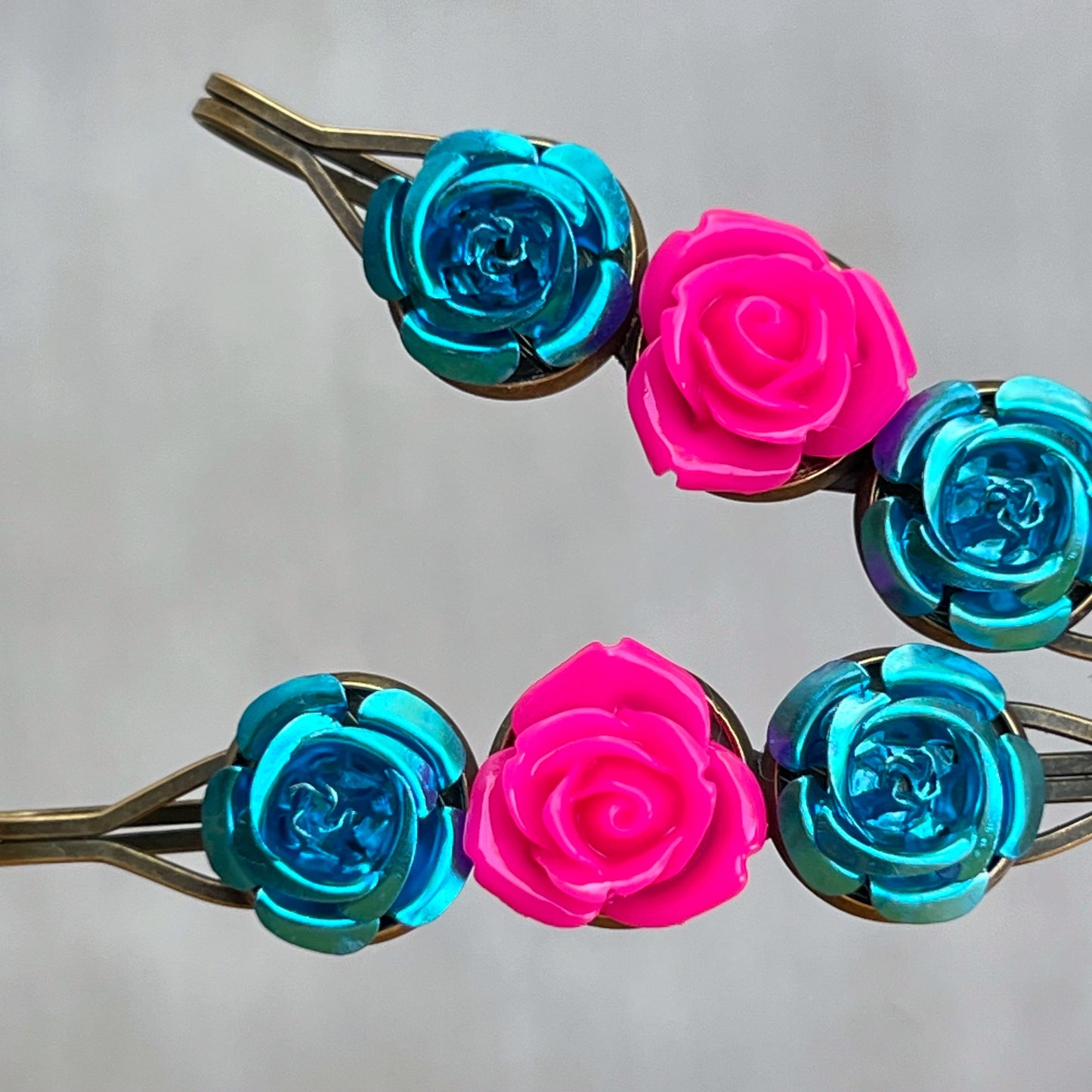 Teal & Hot Pink Rose Hair Pins – Bold Metallic Flower Hair Clip Set