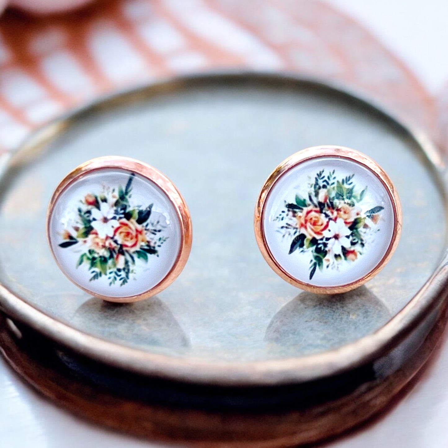 Rose Gold Floral Stud Earrings – Handmade Vintage Cottagecore Jewelry