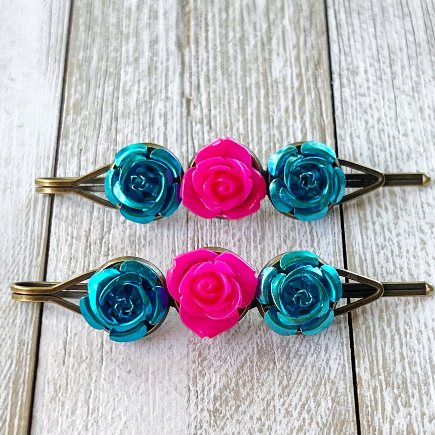 Teal & Hot Pink Rose Hair Pins – Bold Metallic Flower Hair Clip Set