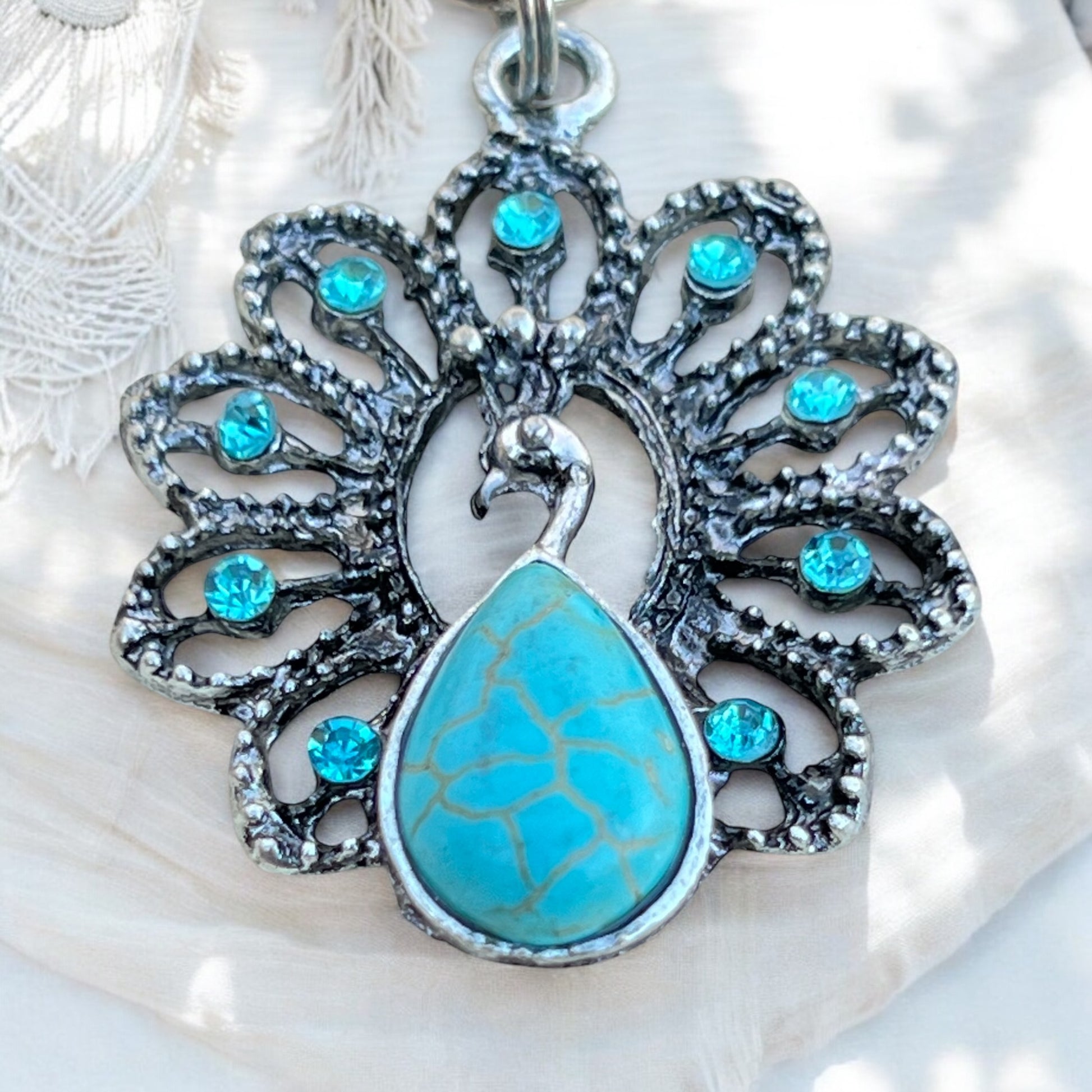 Turquoise Peacock Keychain – Handmade Boho Bag Charm