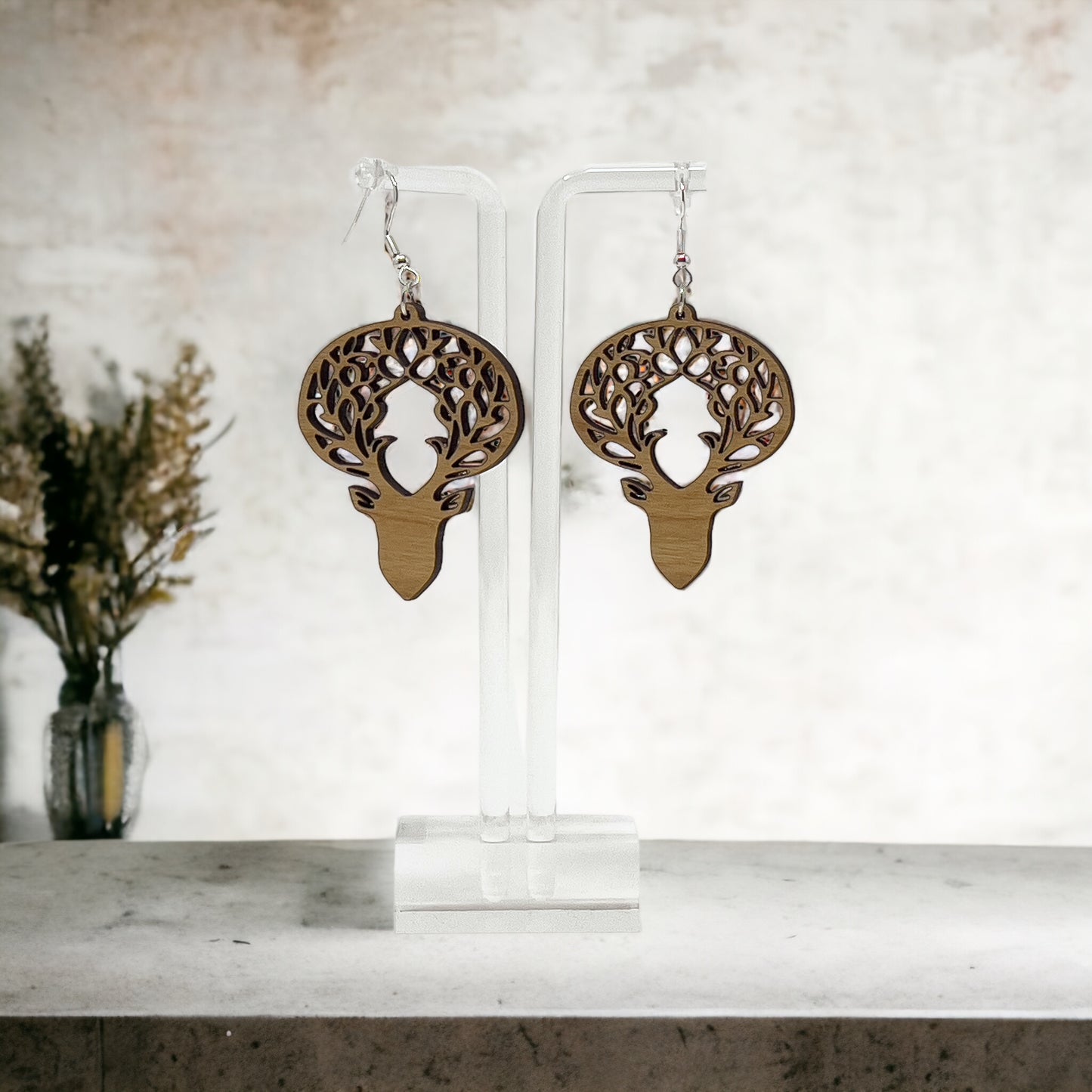 Woodland Deer Antler Earrings – Intricate Boho Forest Jewelry in Wood
