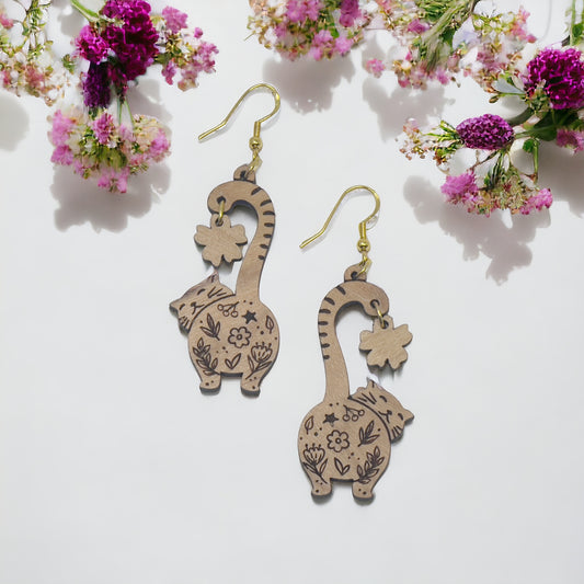 Cat Earrings, Wood Dangle Flower Earrings, Cute Feline Spring Gifts for Cat Lover Girlfriend, Adorable Animal Jewelry, Womens Earring Sets