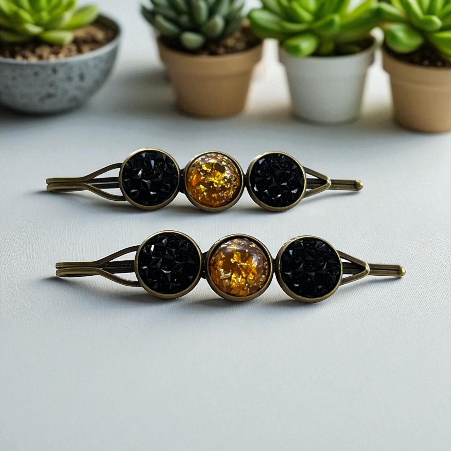 Fall Hair Pin Set – Amber & Black Crystal Handmade Bobby Pins