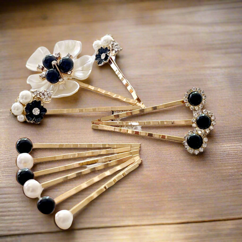 Conjunto de horquillas para el cabello nupciales florales con perlas negras y diamantes de imitación