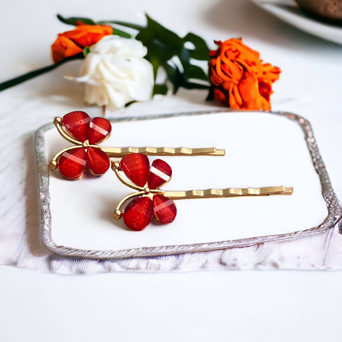 Red Resin Butterfly Hair Pins – Set of 2 Boho Spring Accessories