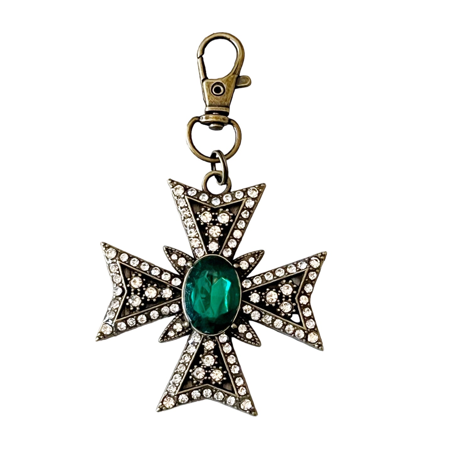 Emerald Jeweled Cross Purse Charm – Vintage-Inspired Bag Accessory