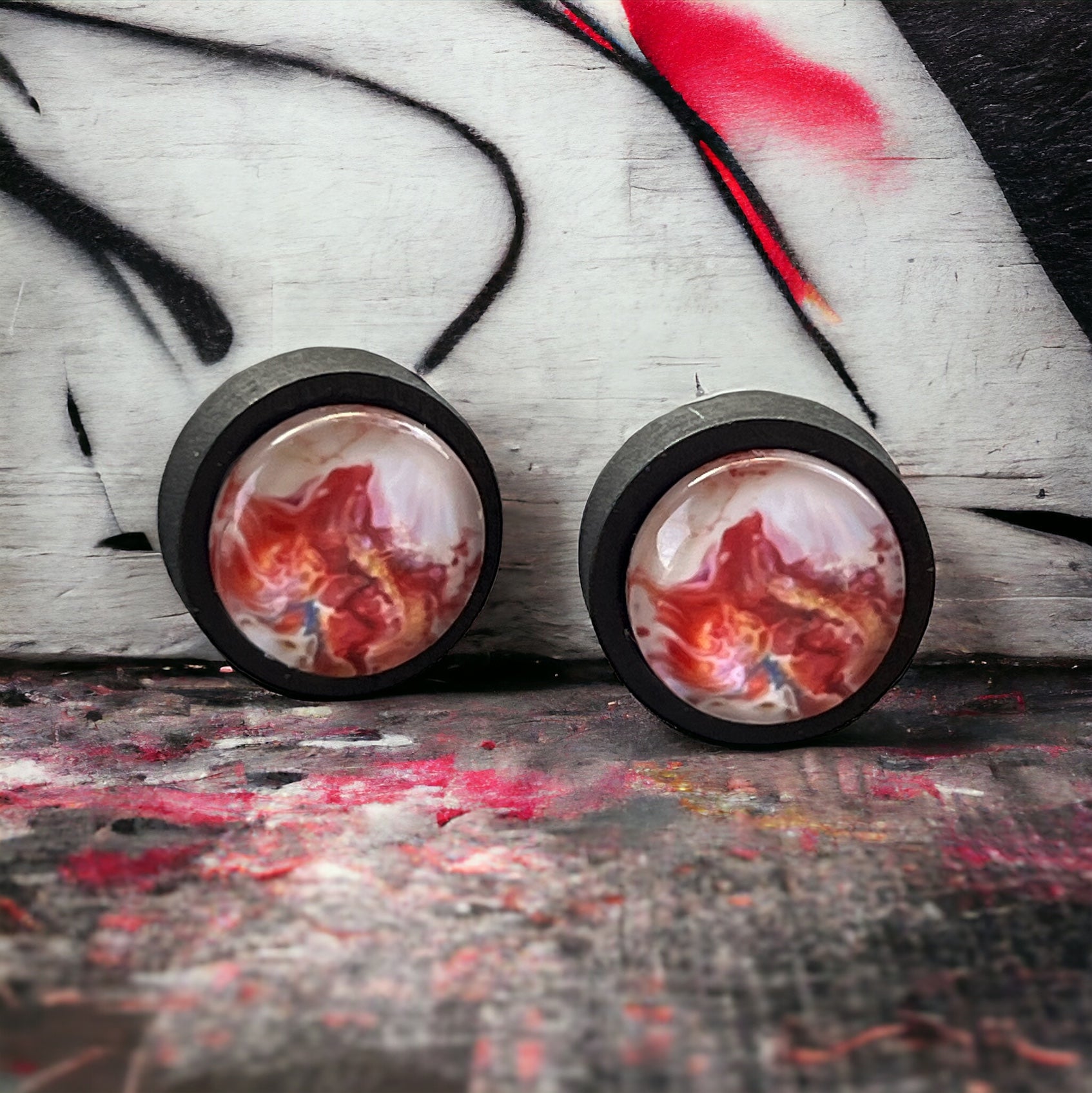 Pink Abstract Watercolor Black Wood Stud Earrings: Unique Artistic Accents for Your Look