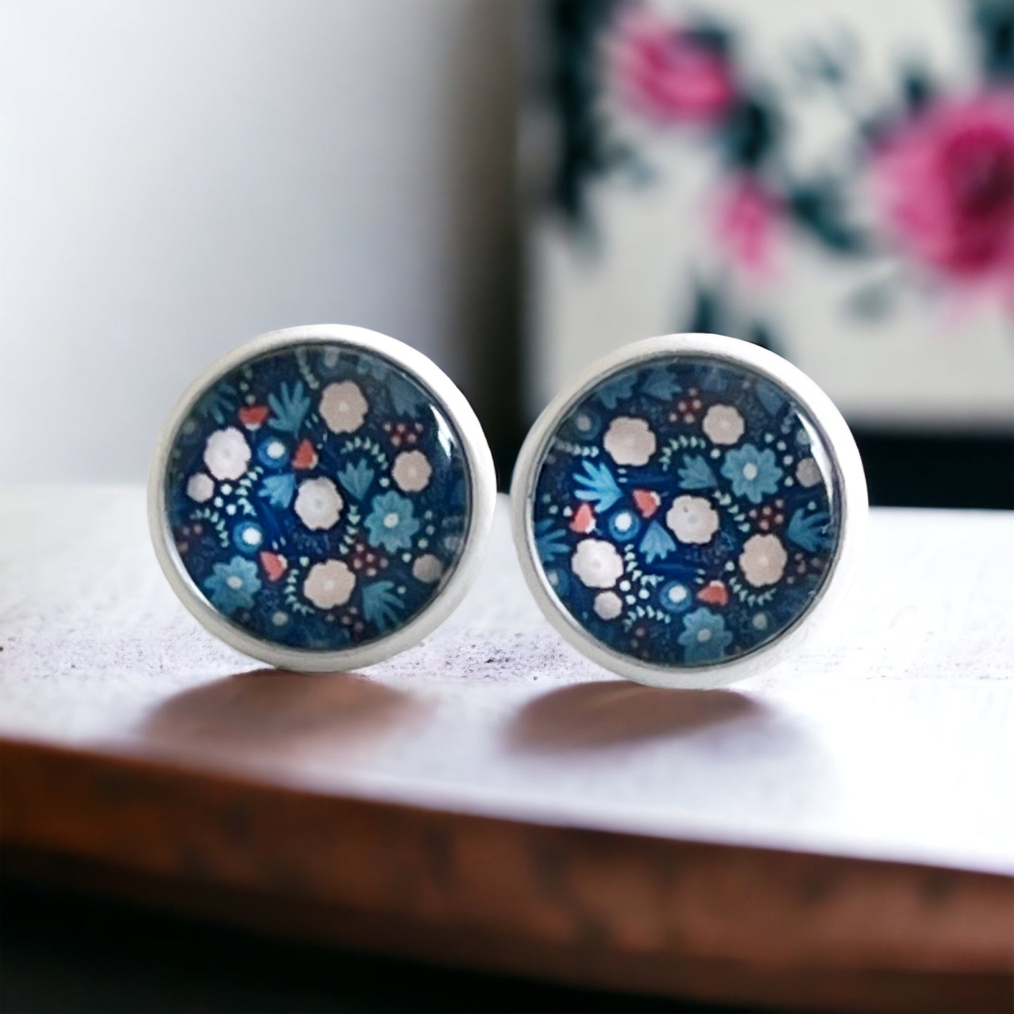 Navy Floral Stud Earrings – Round Silver Botanical Jewelry