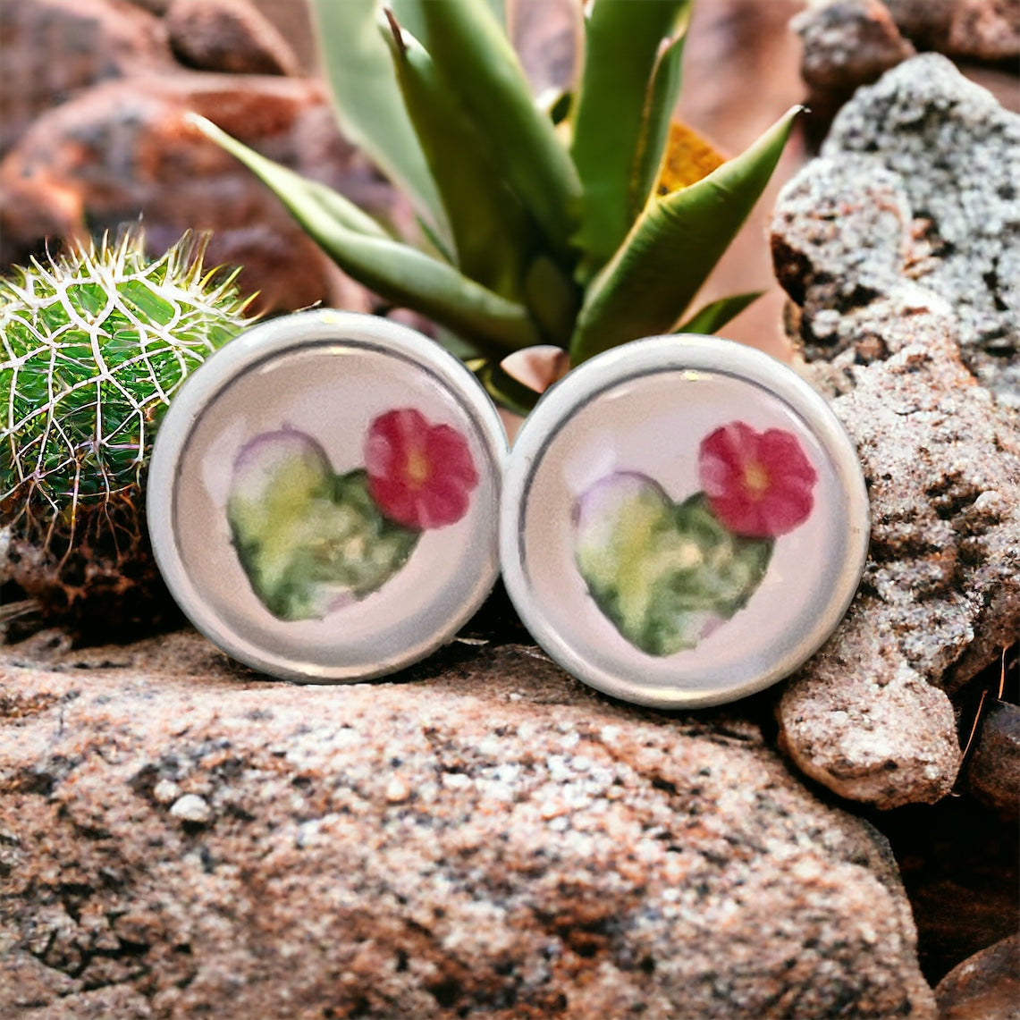 Flowering Cactus Heart Valentine Succulent White Stud Earrings