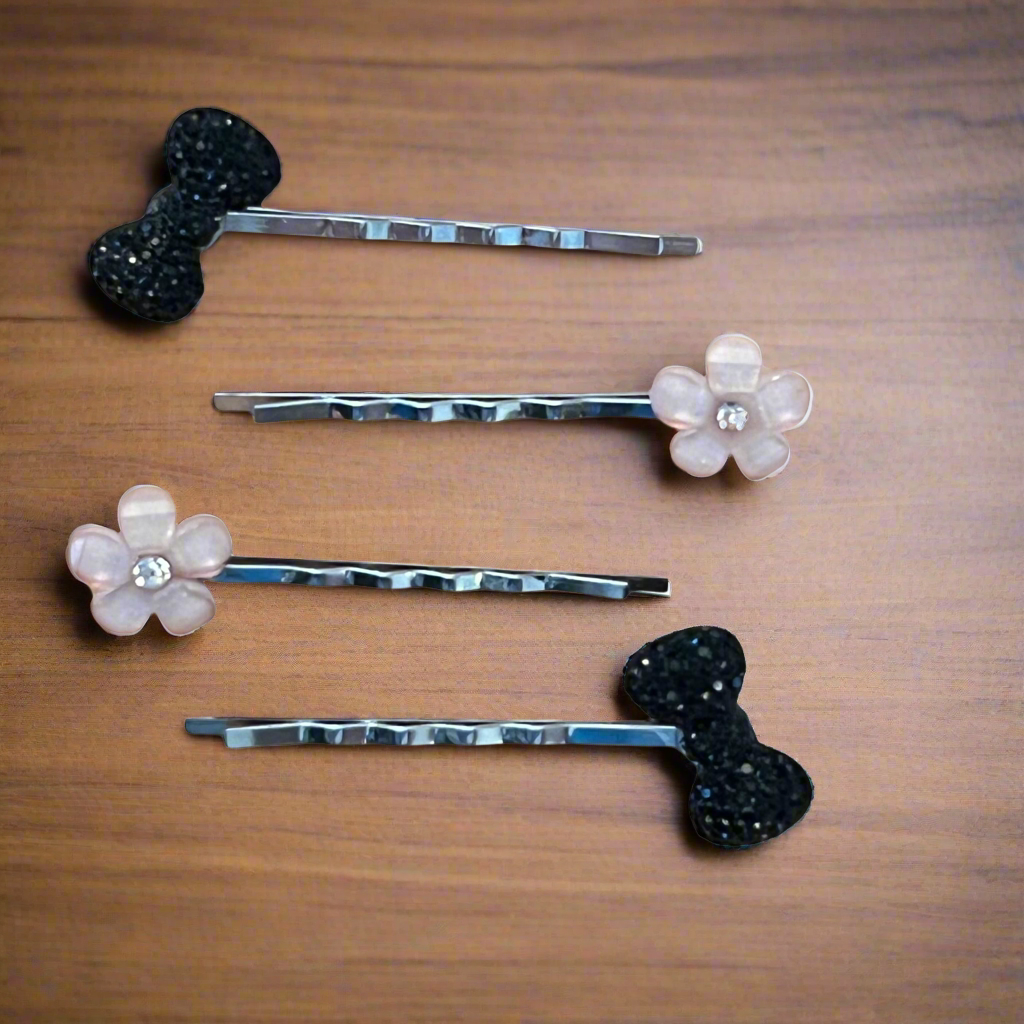 Flower and Black Bow Bobby Pins