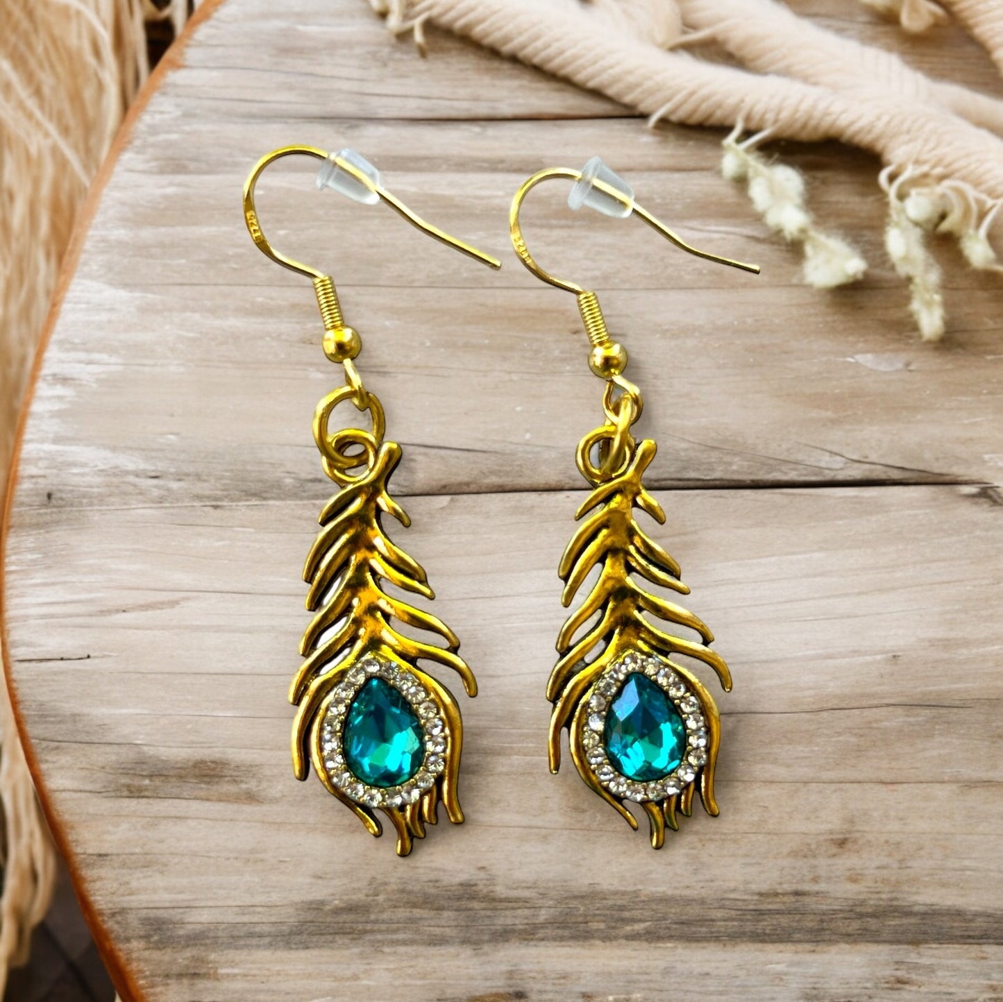 Peacock Feather Earrings – Gold Boho Glam Dangle Jewelry