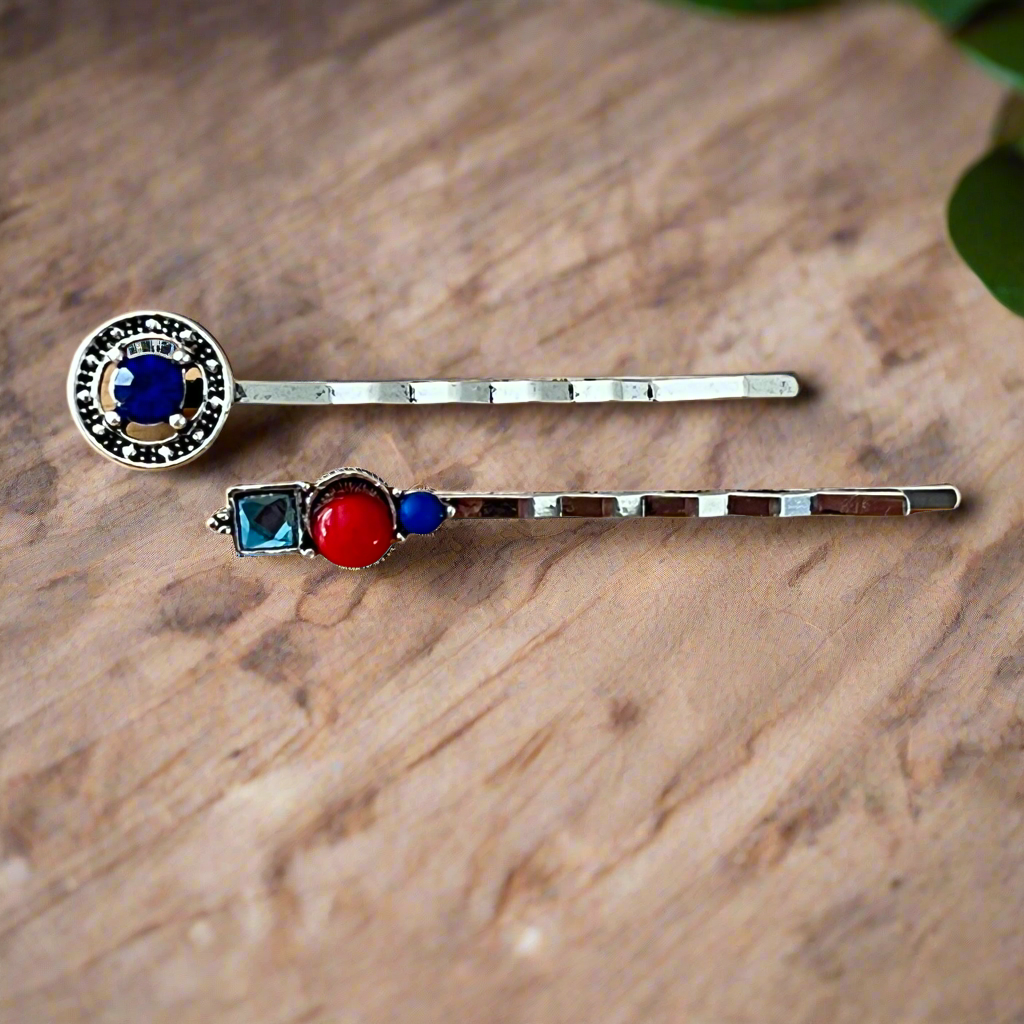 Colorful Gemstone Hair Pins – Set of 2 Silver Accessories