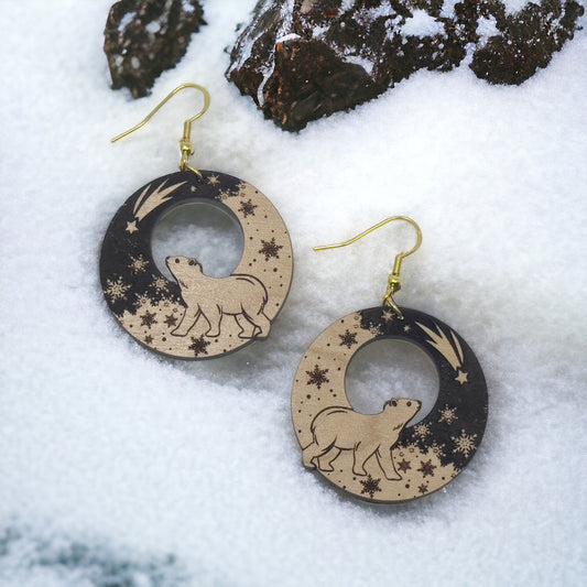 Polar Bear Earrings, Christmas Dangle Earrings, Fun Animal Earrings, Cute Winter Holiday Earrings, Rustic Wood Earring, Country Xmas Jewelry