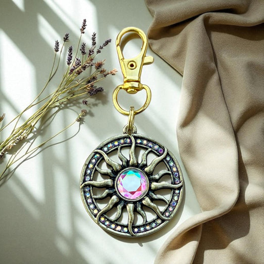 Sun Purse Charm – Radiant Boho Keychain with Iridescent Center