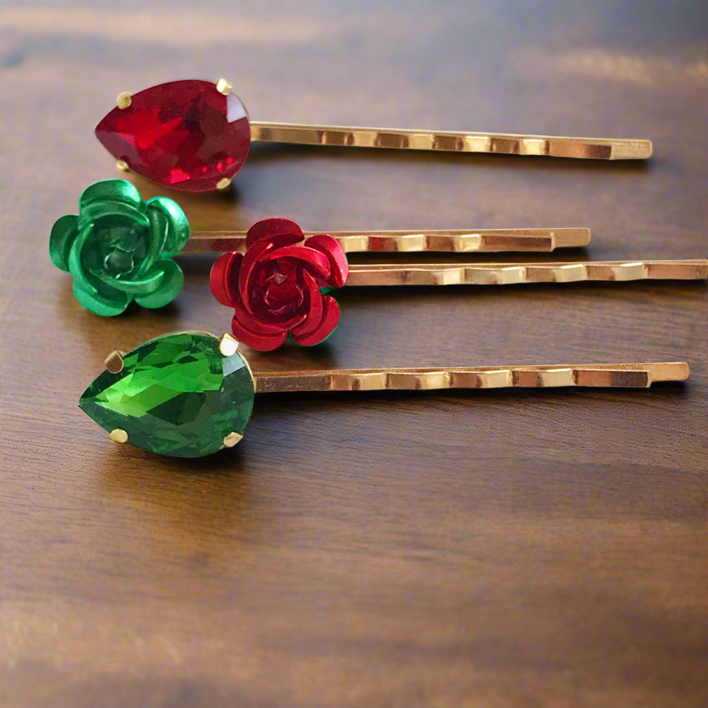 Red & Green Rhinestone Flower Hair Pins - Elegant Bobby Pin Set