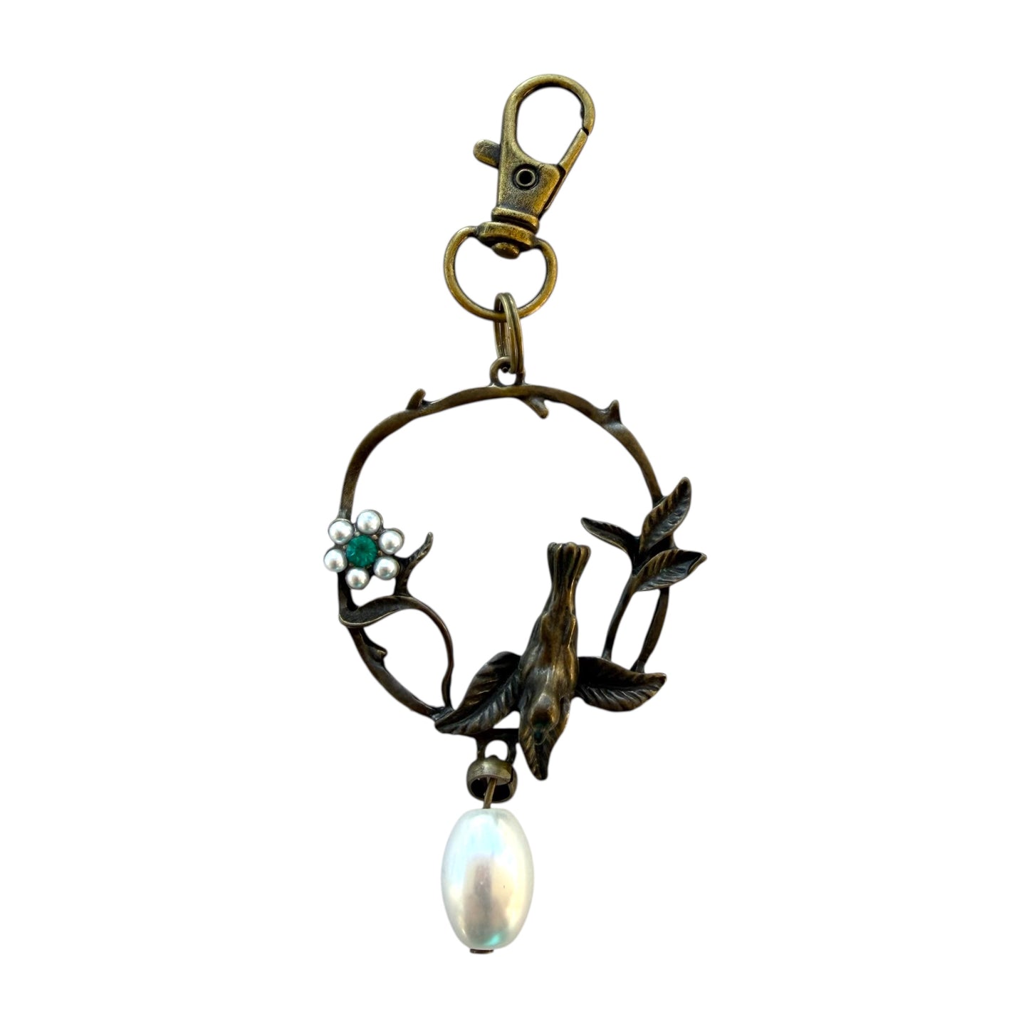 Vintage Bird & Pearl Purse Charm – Rustic Boho Branch Keychain