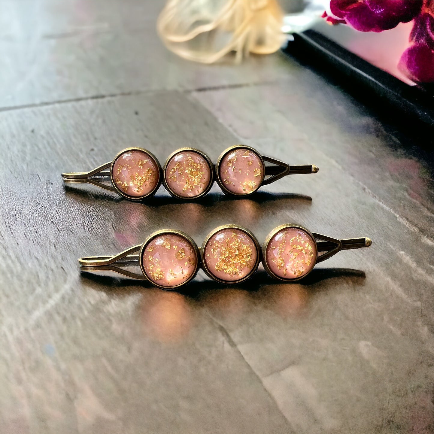 Blush Pink & Gold Foil Hair Pins – Set of 2 Romantic Handmade Accessories