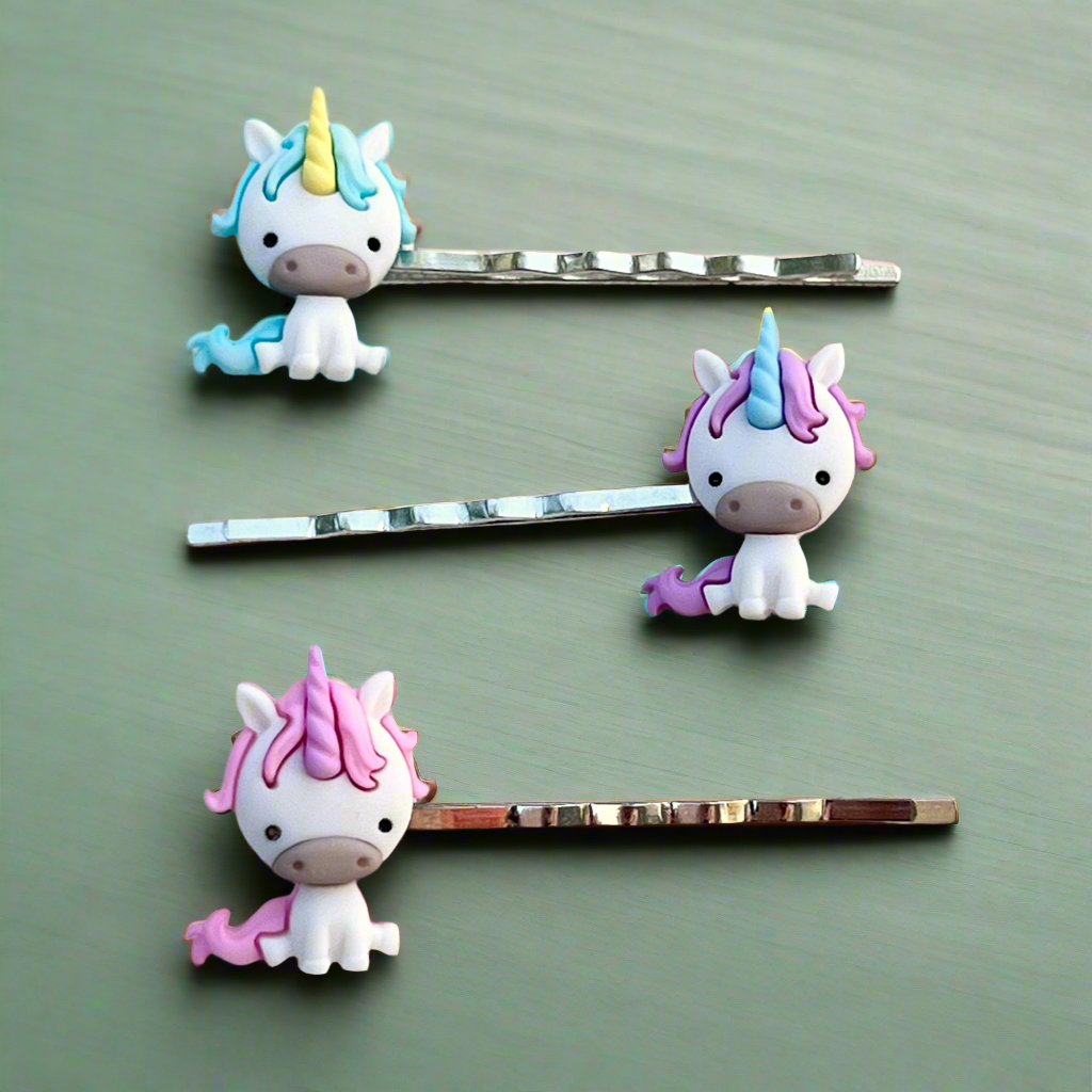 Unicorn Hair Pins Set: Whimsical Trio in Pink, Blue, & Purple for Enchanting Hairstyles