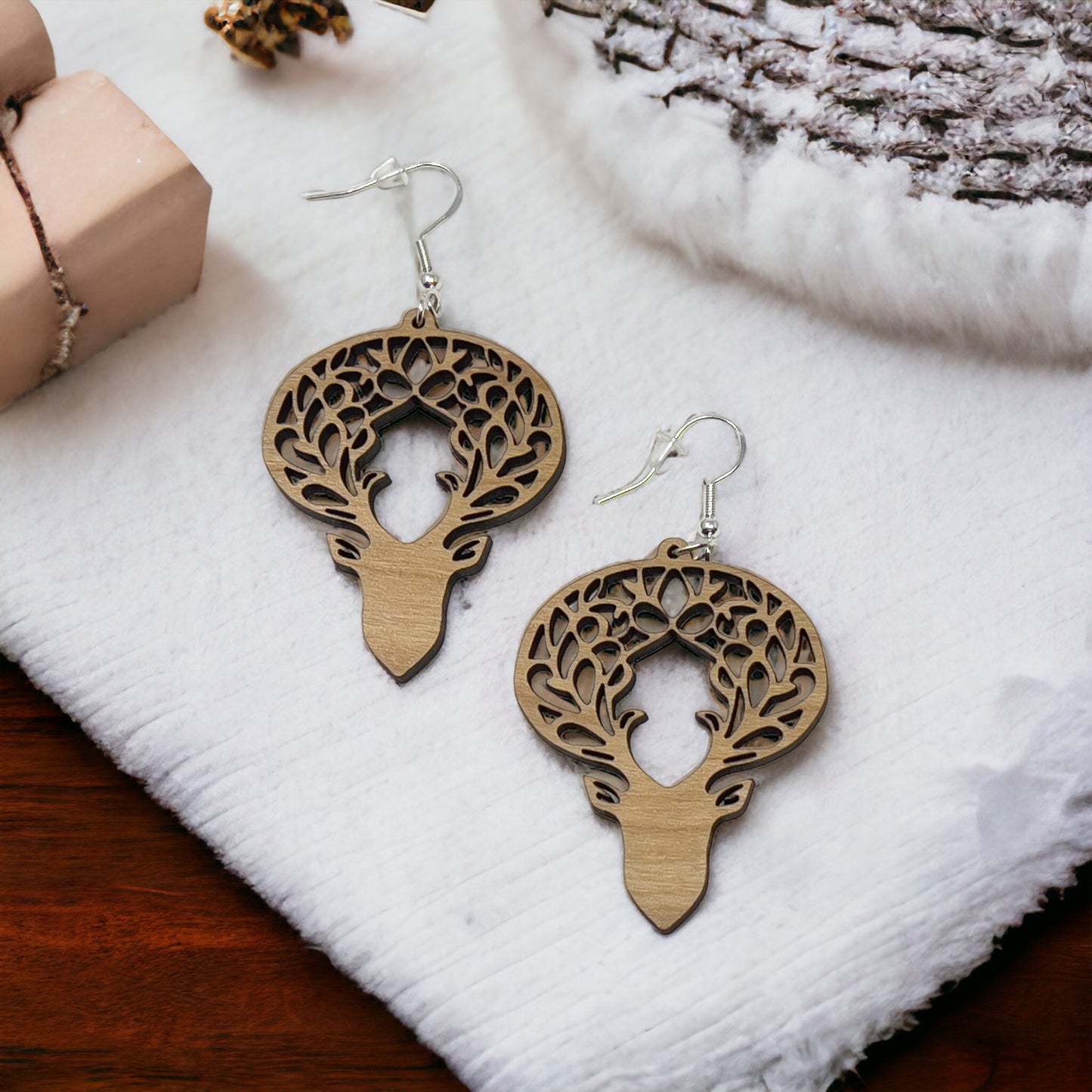 Woodland Deer Antler Earrings – Intricate Boho Forest Jewelry in Wood