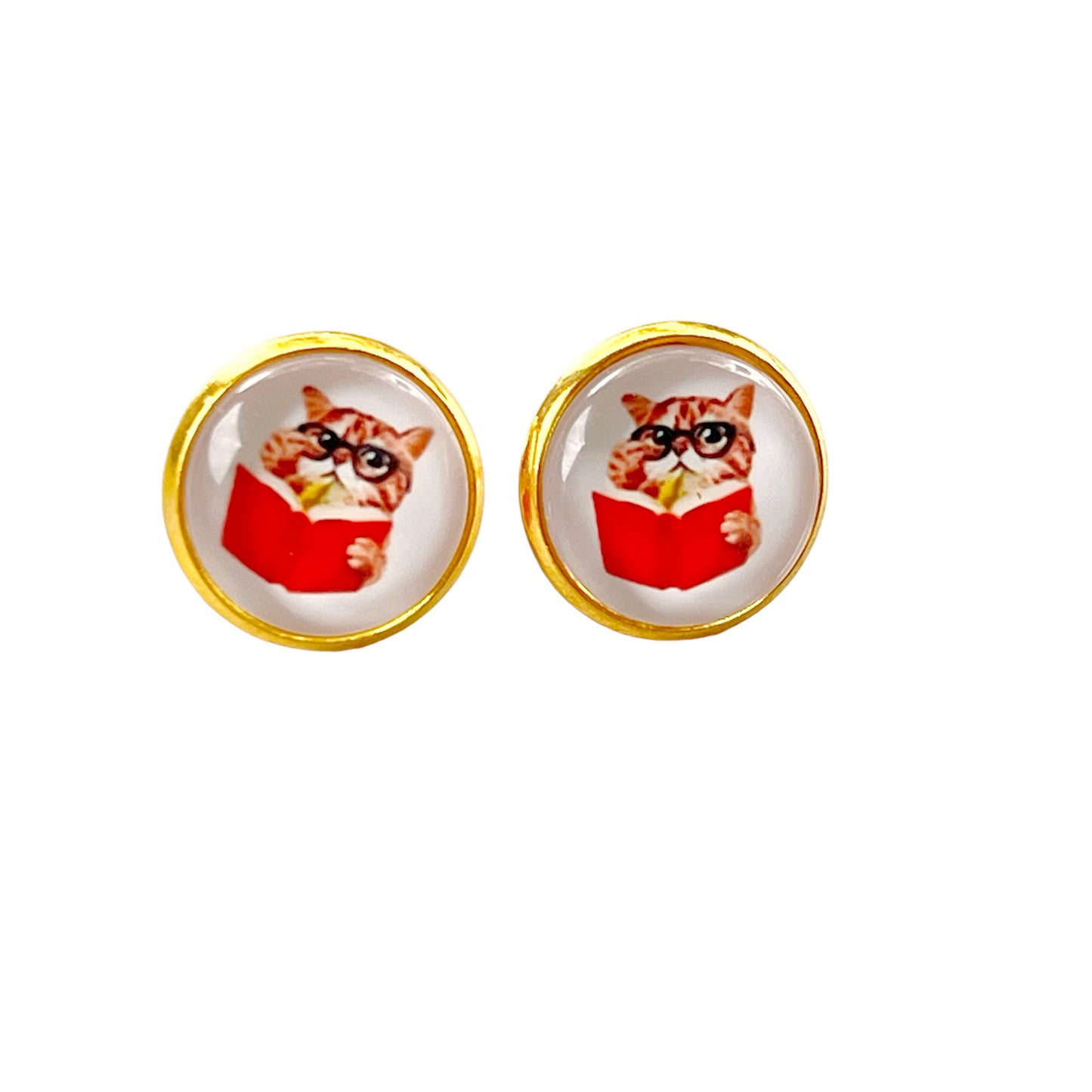 Cat Reading Book Stud Earrings – Gold-Toned Literary Jewelry