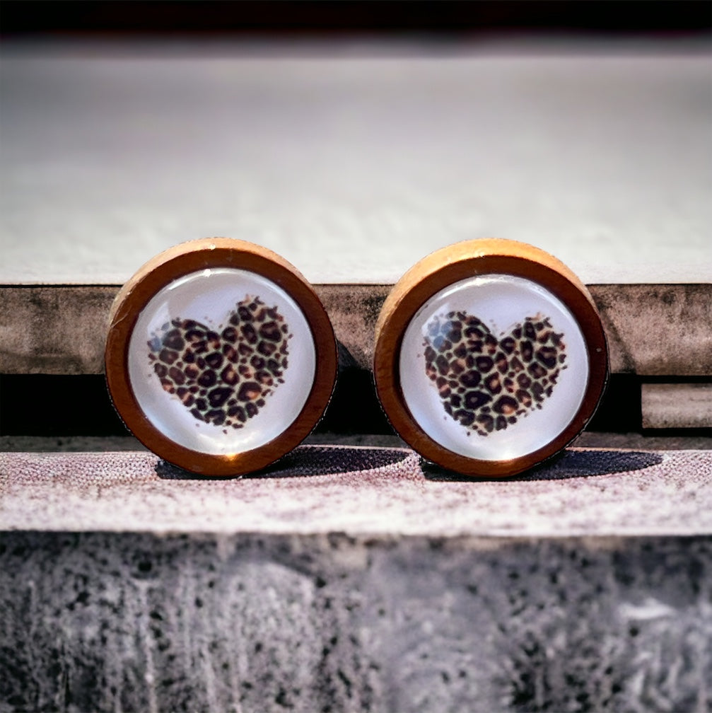 Animal Print Heart Wood Earring Studs - Rustic & Unique Accessories