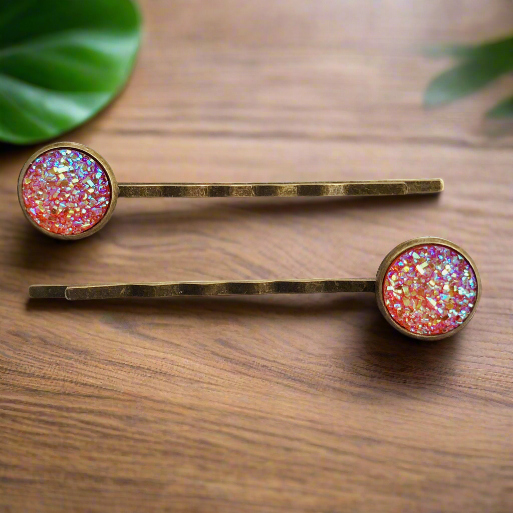 Orange Glitter Druzy Brass Hair Pins - Stylish Hair Accessories