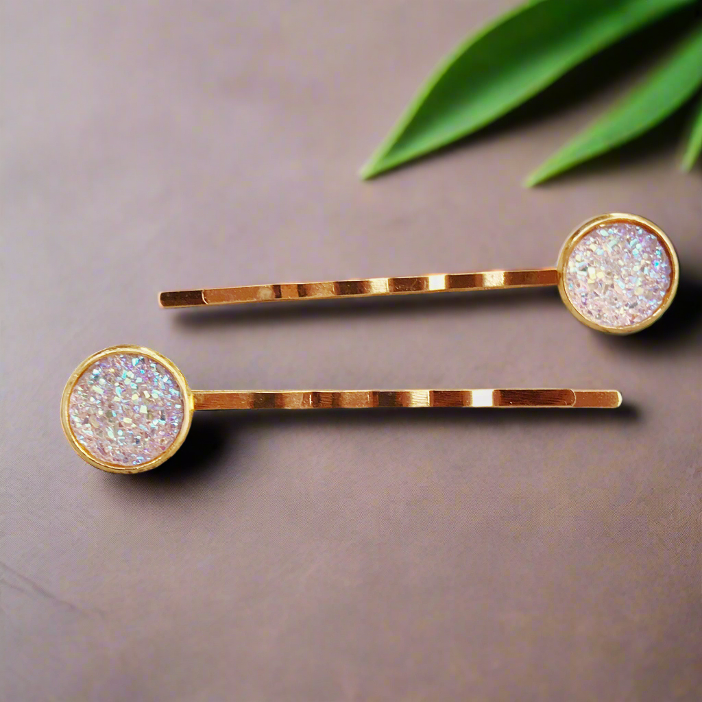 Rose Gold Druzy Hair Pins - Set of 2 Glittery Gold Bobby Pins